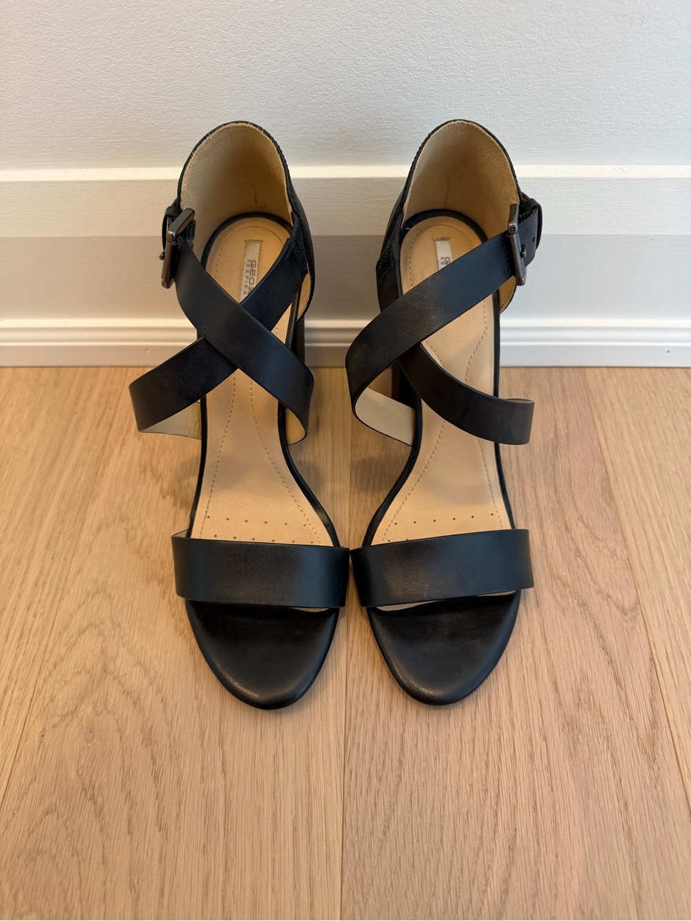 Geox Black Leather Crisscross Ankle Strap Heels
